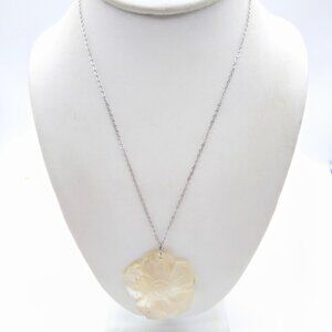 Carved Mother of Pearl Flower Pendant Necklace, Vintage Floral on Delicate Sterl